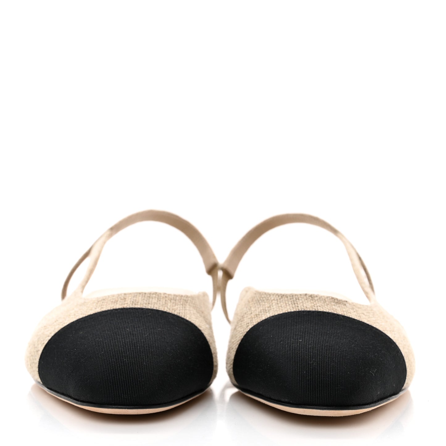 Fabric Grosgrain Cap Toe CC Slingback Flats 37.5 Light Beige Black