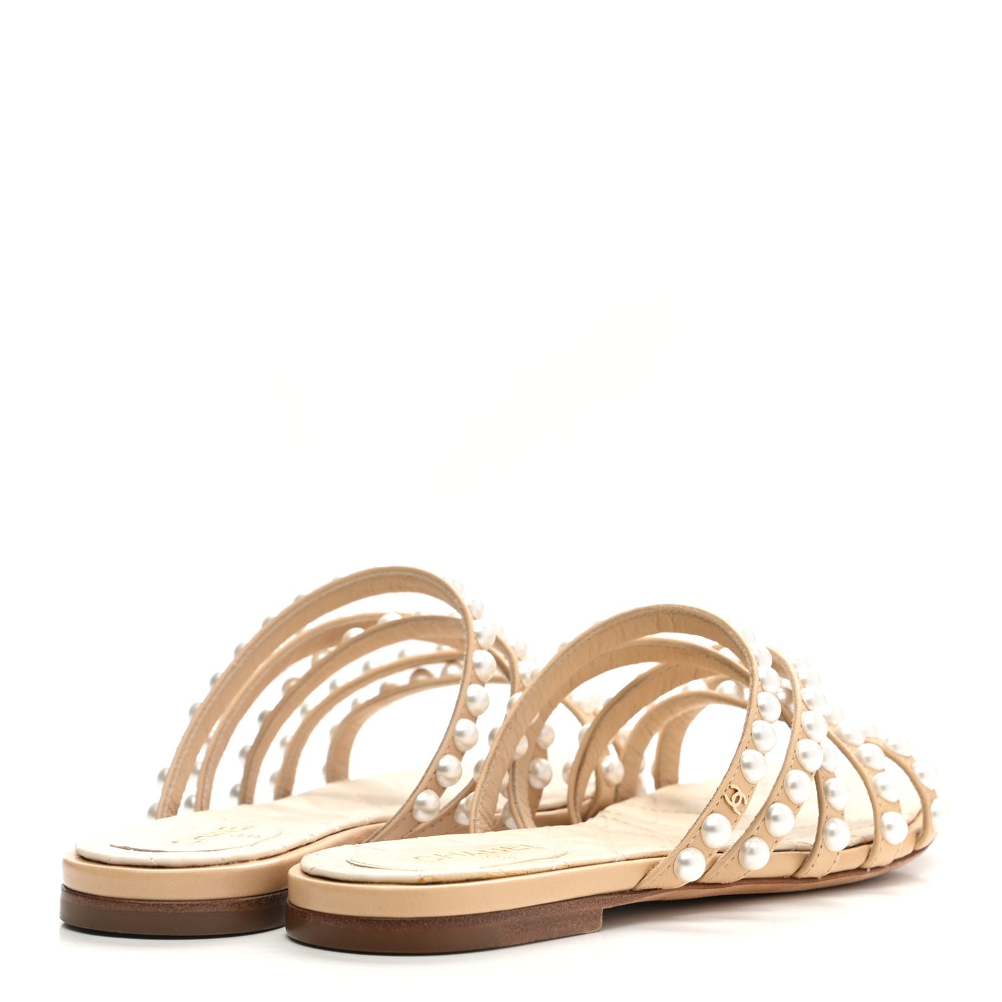Crackled Lambskin Pearl Mule Sandals 35.5 Beige