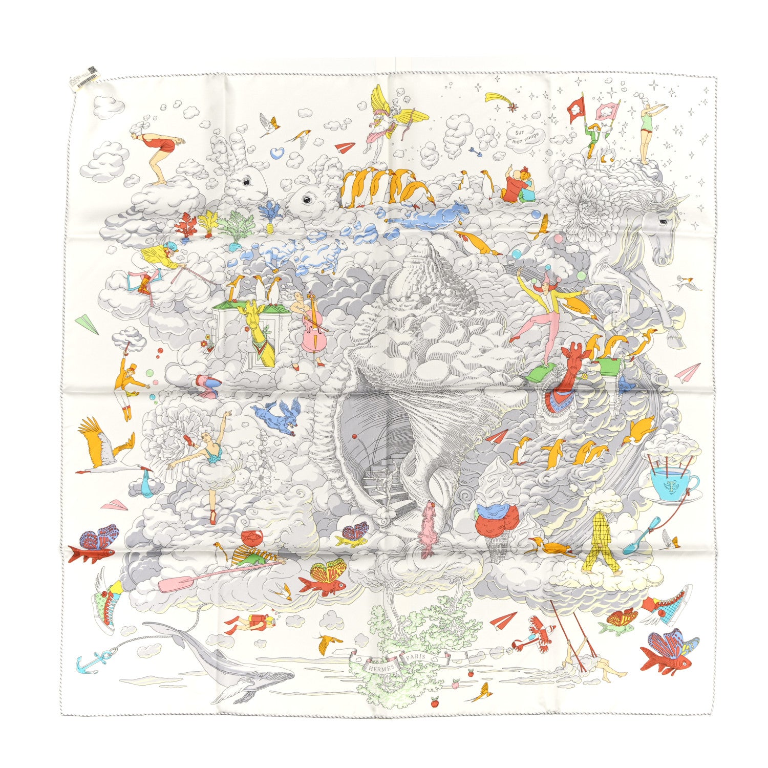 Hermes Silk Sur Mon Nuage Scarf 90 White Gris Perle Multicolore 1 of 5