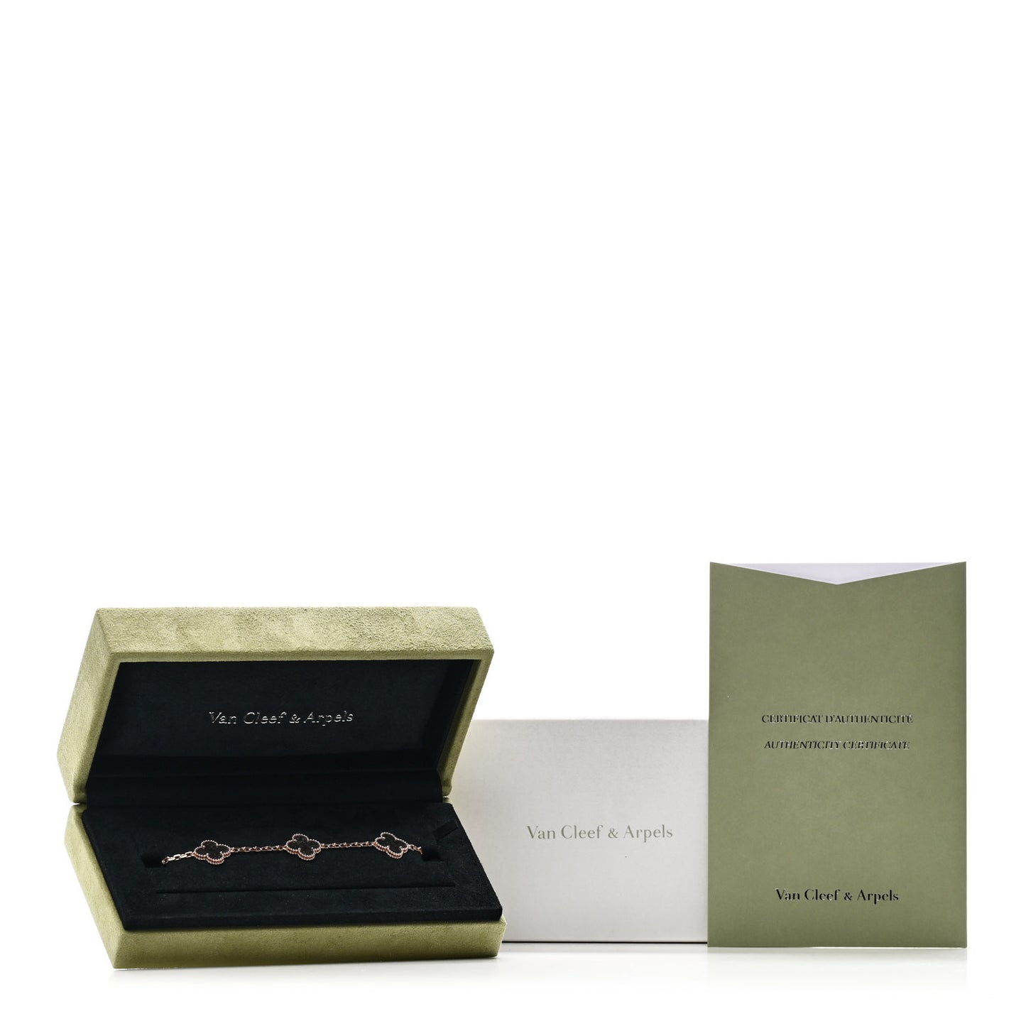 18K Rose Gold Silver Obsidian 5 Motifs Vintage Alhambra Bracelet