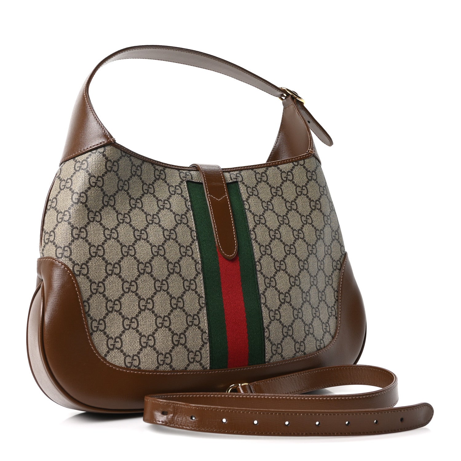 Gucci GG Supreme Monogram Azalea Calfskin Web Medium Jackie 1961 Hobo Beige Ebony Brown Sugar 3 of 10