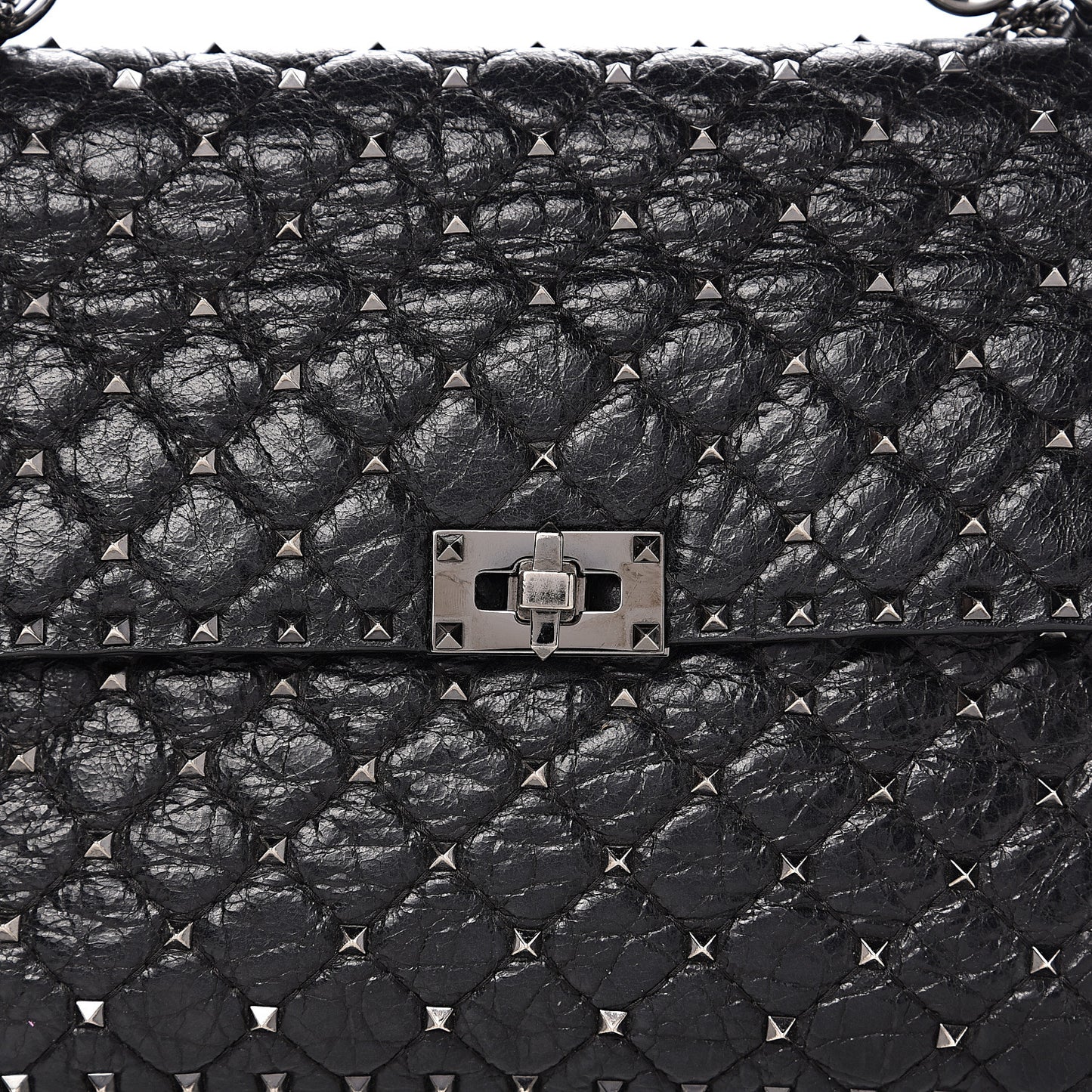 Craquele Nappa Large Rockstud Spike Shoulder Bag Black