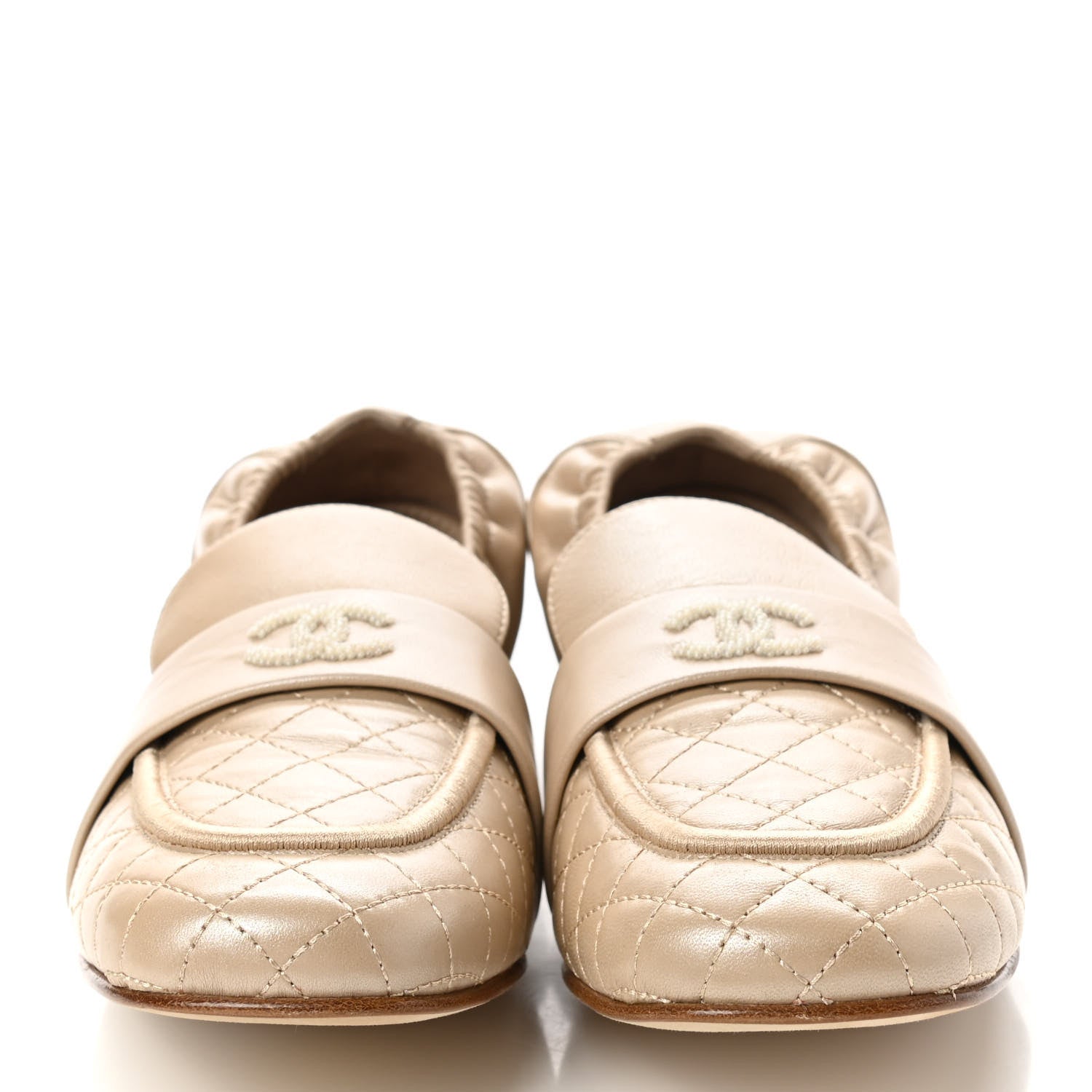 Chanel Laminated Lambskin Womens Quilted Elastic CC Moccasin Loafers 39.5 Beige 2 of 7