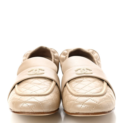 Chanel Laminated Lambskin Womens Quilted Elastic CC Moccasin Loafers 39.5 Beige 2 of 7