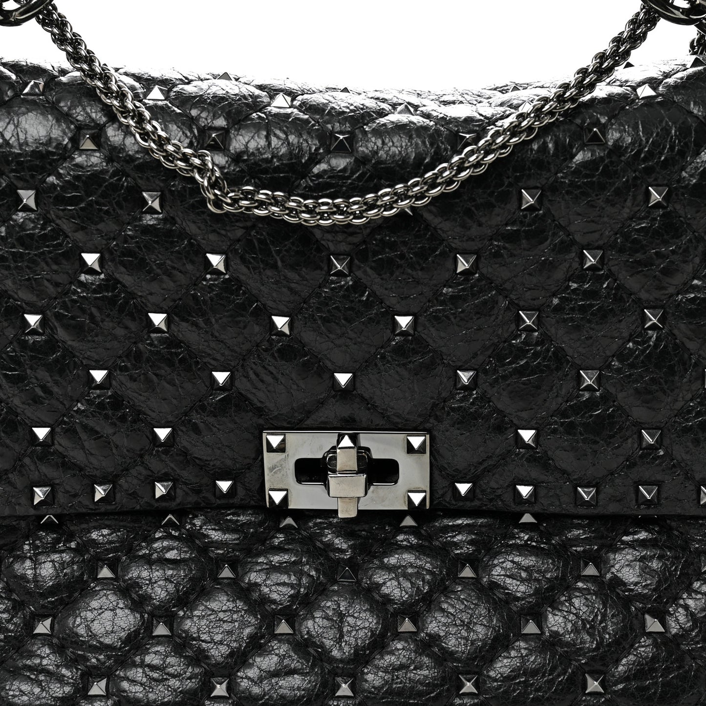 Craquele Nappa Large Rockstud Spike Shoulder Bag Black