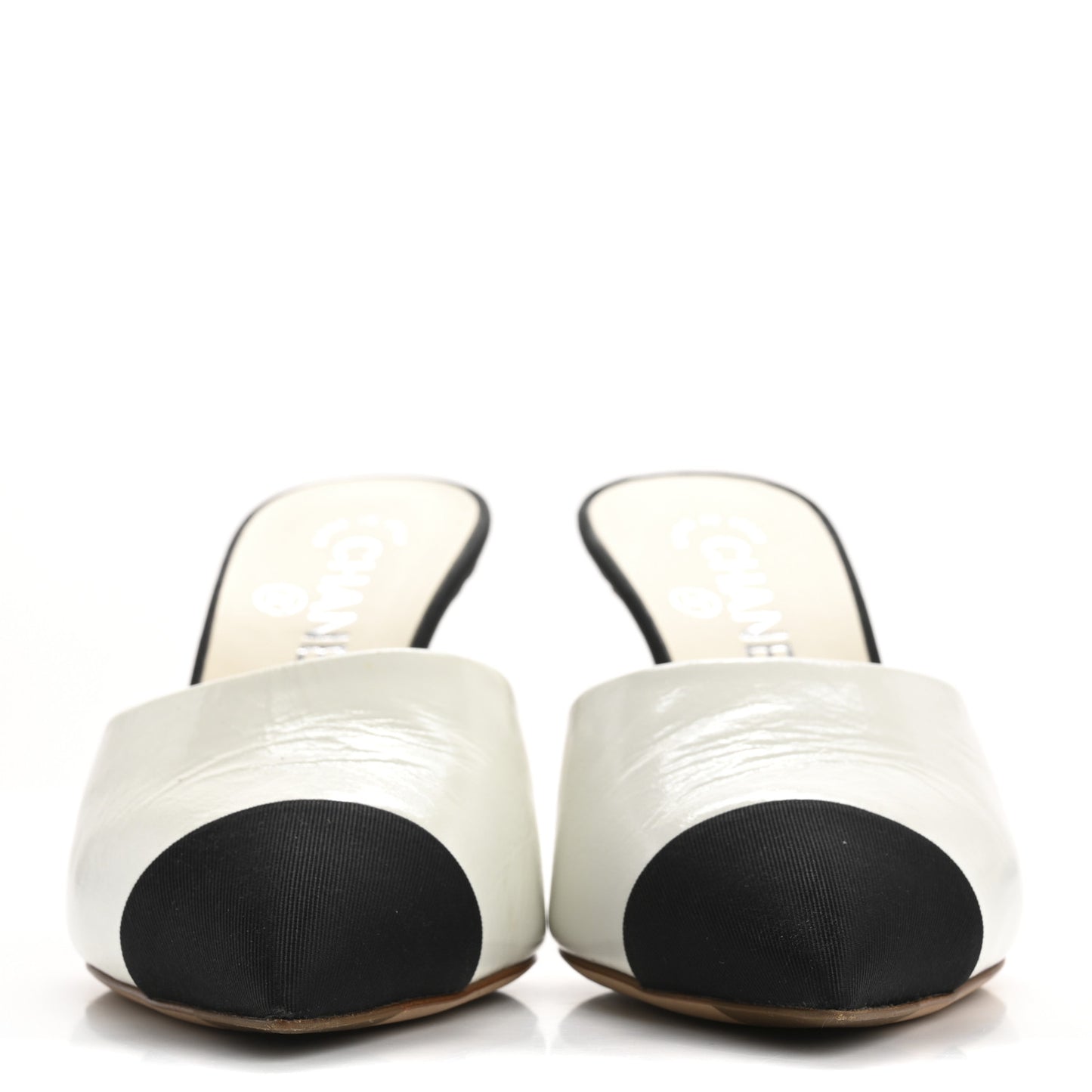 Patent Lambskin Grosgrain Cap Toe Pearl Mule 36.5 Ecru Black