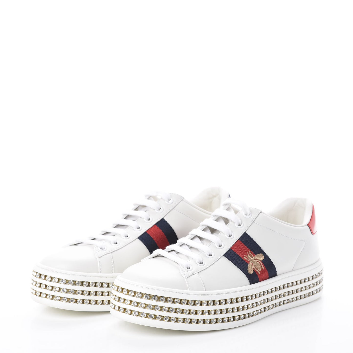 Calfskin Crystal Web Bee Embroidered Womens Ace Platform Sneakers 37.5 White