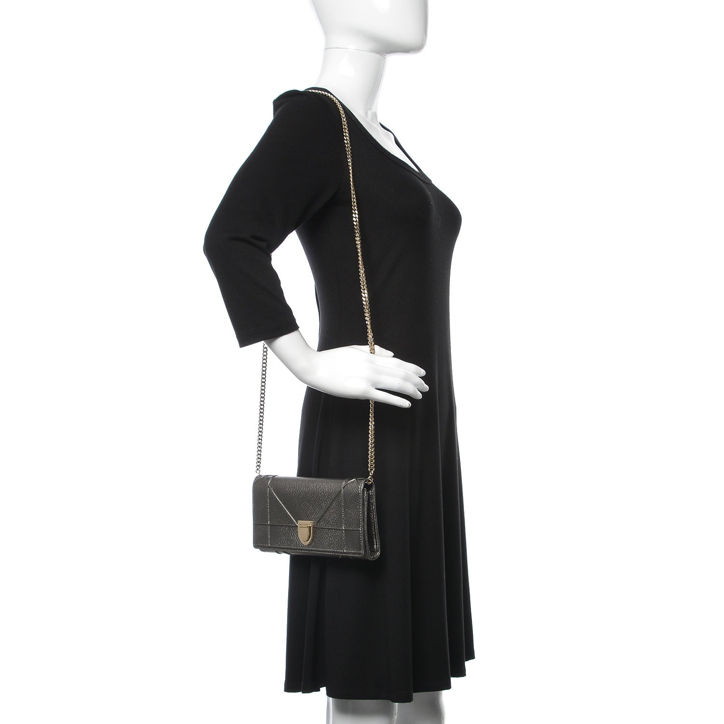 Metallic Grained Calfskin Diorama Croisiere Chain Wallet Gunmetal Grey