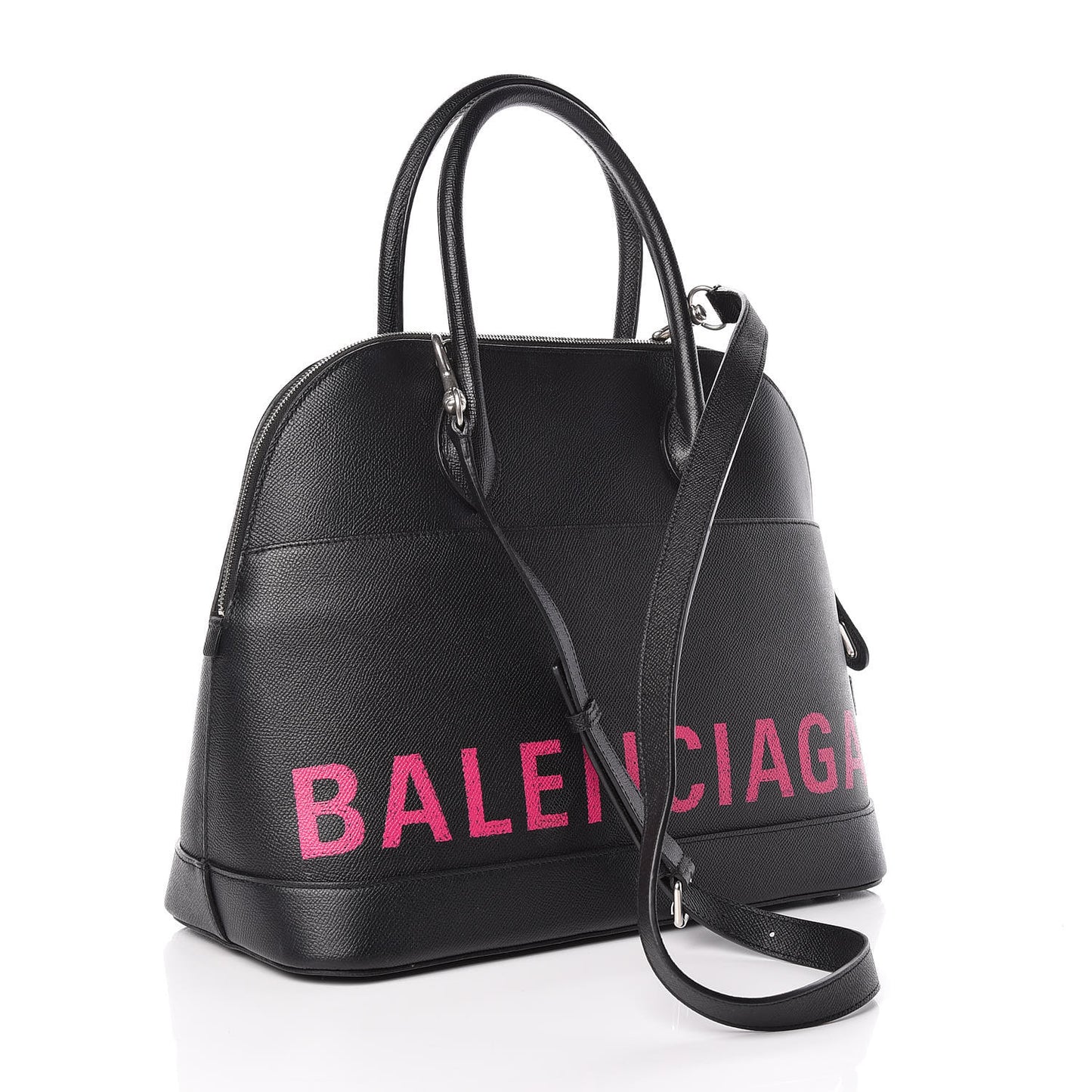 Signature Grained Calfskin Logo M Ville Top Handle Bag Black Rose Shocking