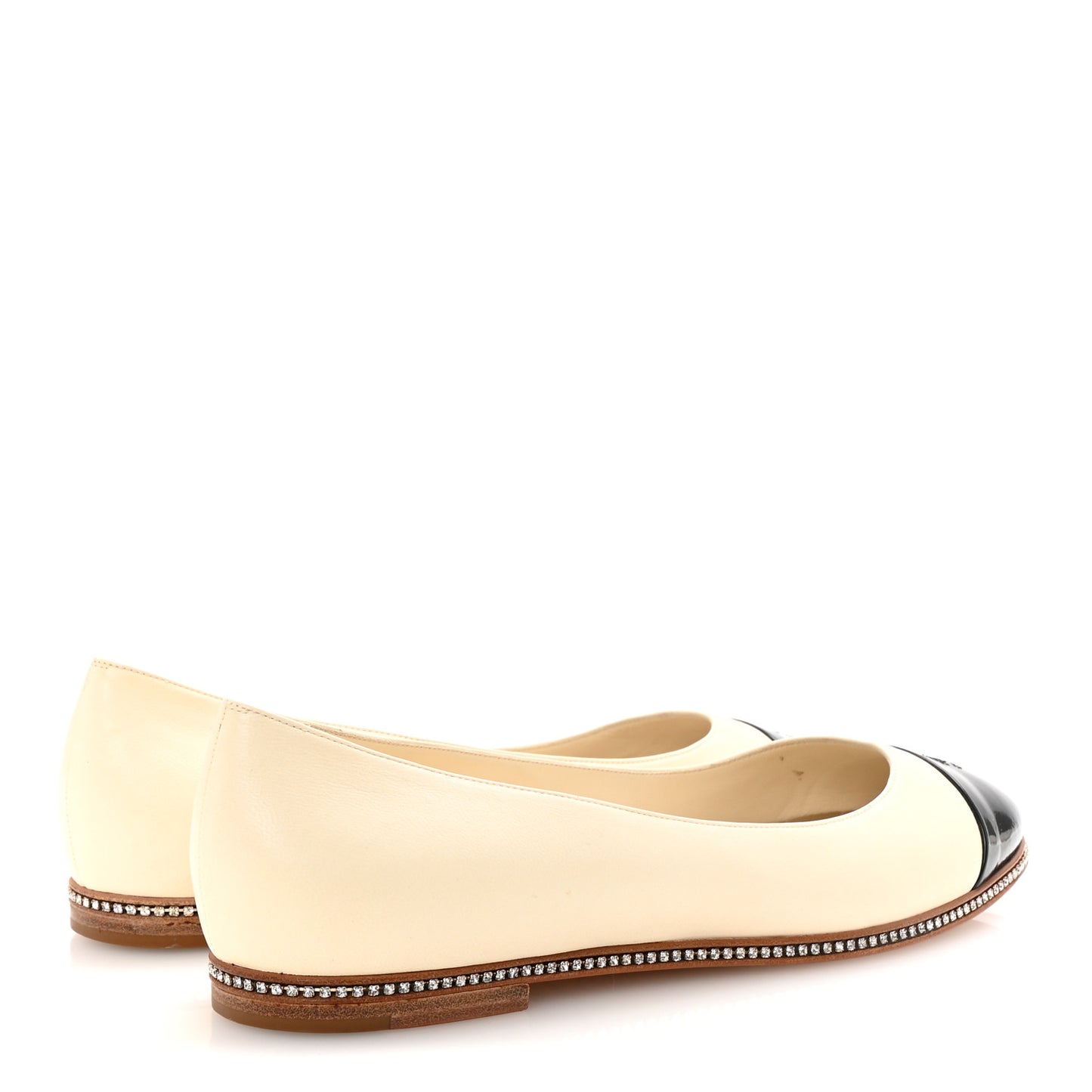 Patent Lambskin Crystal CC Cap Toe Ballerina Flats 40 Beige Black