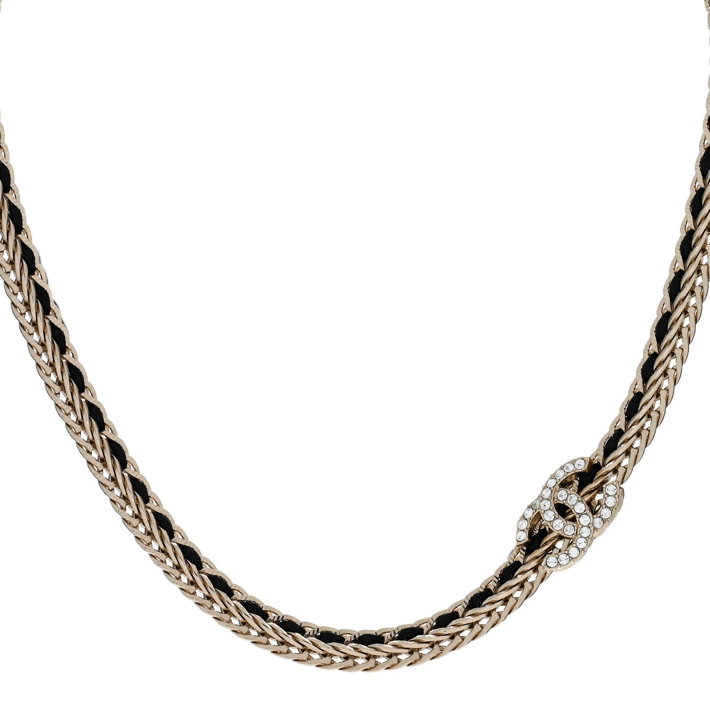 Metal Lambskin Crystal CC Chain Tie Headband Gold Black