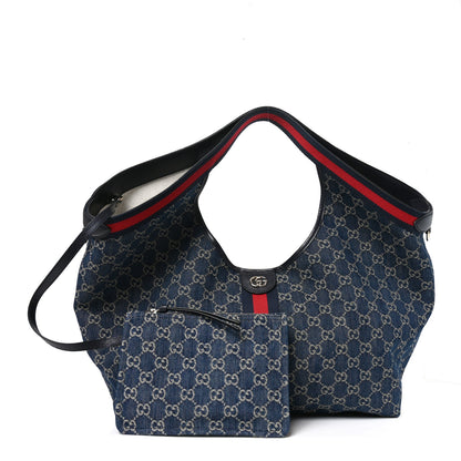 Gucci Denim GG Monogram Web Large Giglio Tote Blue 3 of 10