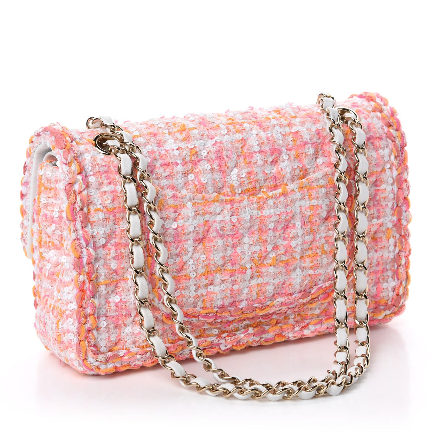 Tweed Braid Sequin Medium Double Flap White Pink Orange