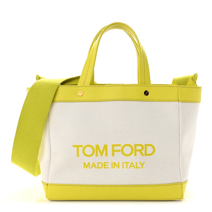 Tom Ford Canvas Calfskin Mini Logo Tote White Yellow 1 of 9