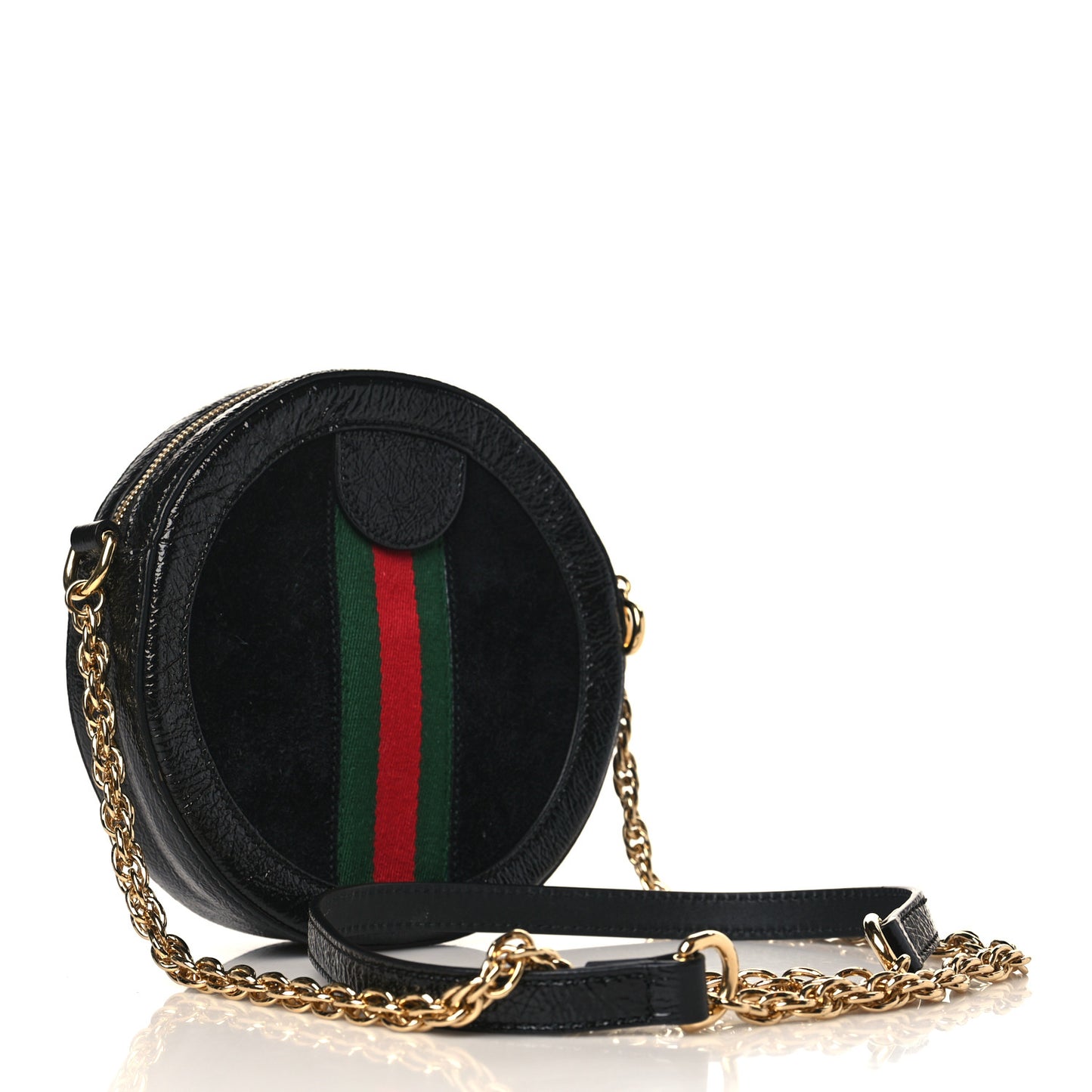 Suede Patent Web Mini Ophidia Round Shoulder Bag Black
