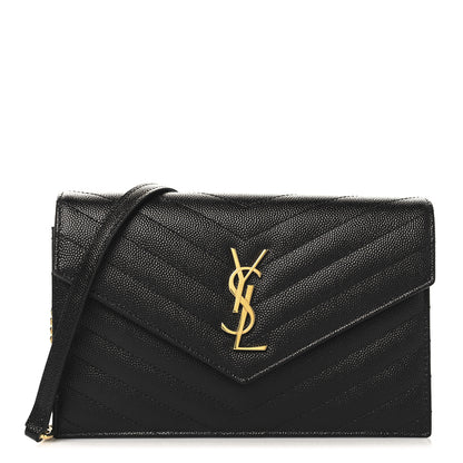 Saint Laurent Grain De Poudre Matelasse Chevron Monogram Envelope Chain Wallet Black 1 of 9
