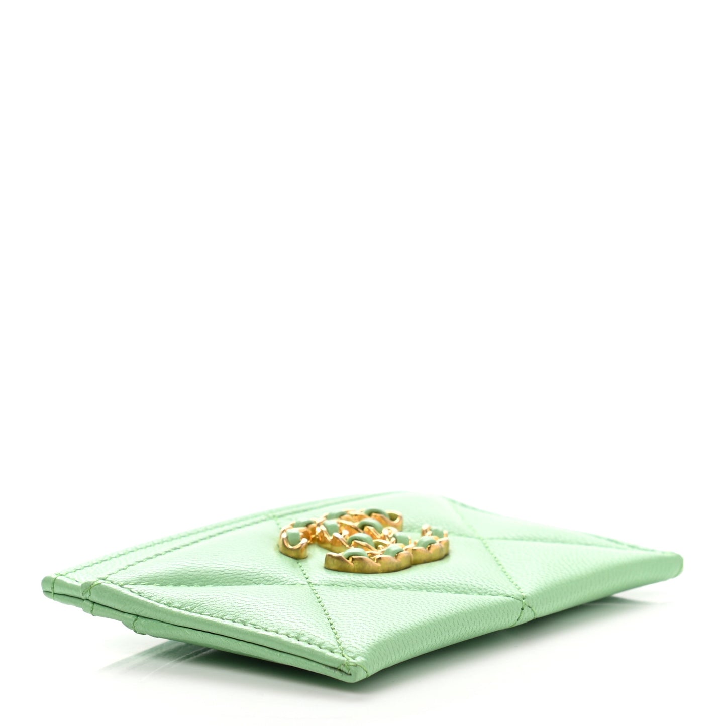 Shiny Goatskin Quilted Chanel 19 Card Holder Green