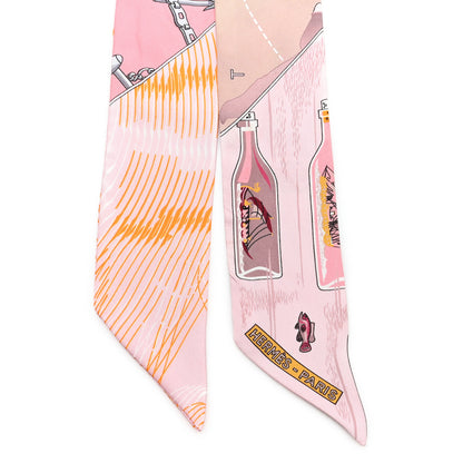 Hermes Silk Caleche Mors Et Bouteilles Twilly Rose Jaune Gris 2 of 4