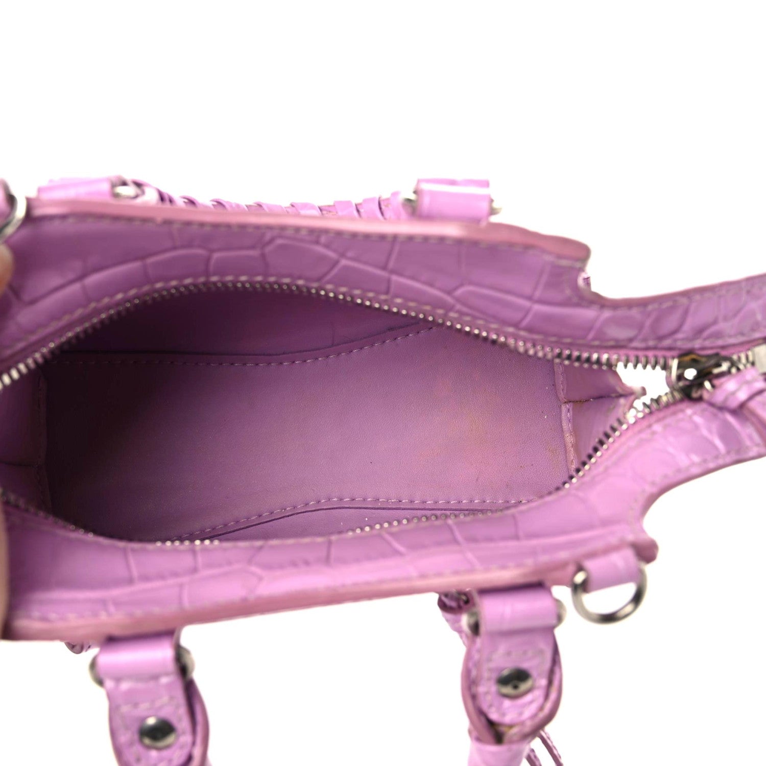 Balenciaga Calfskin Crocodile Embossed Neo Classic Silver Hardware Nano City Crossbody Lilac 11 of 14
