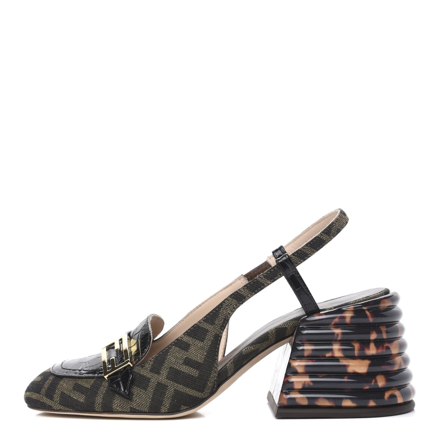 Fendi Jacquard Calfskin FF Tortoise Promenade Slingback Loafer Pumps 35.5 Tobacco 1 of 8