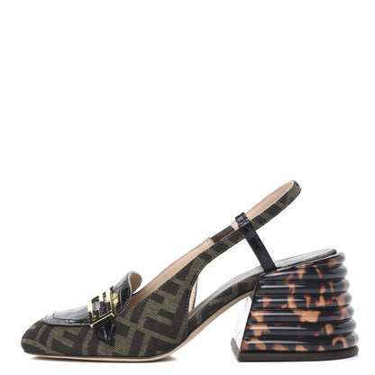 Fendi Jacquard Calfskin FF Tortoise Promenade Slingback Loafer Pumps 35.5 Tobacco 1 of 8