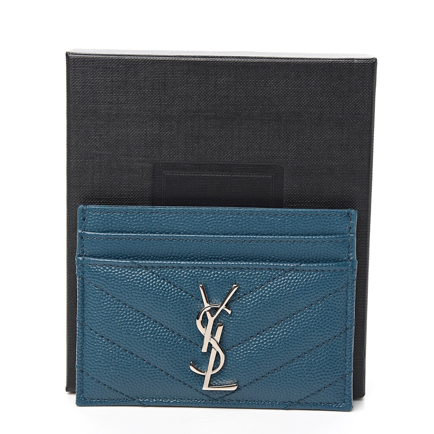 Saint Laurent Grain De Poudre Matelasse Chevron Monogram Credit Card Case Peacock Green 7 of 7