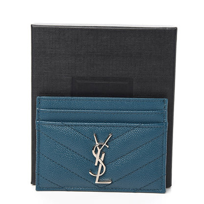 Saint Laurent Grain De Poudre Matelasse Chevron Monogram Credit Card Case Peacock Green 7 of 7