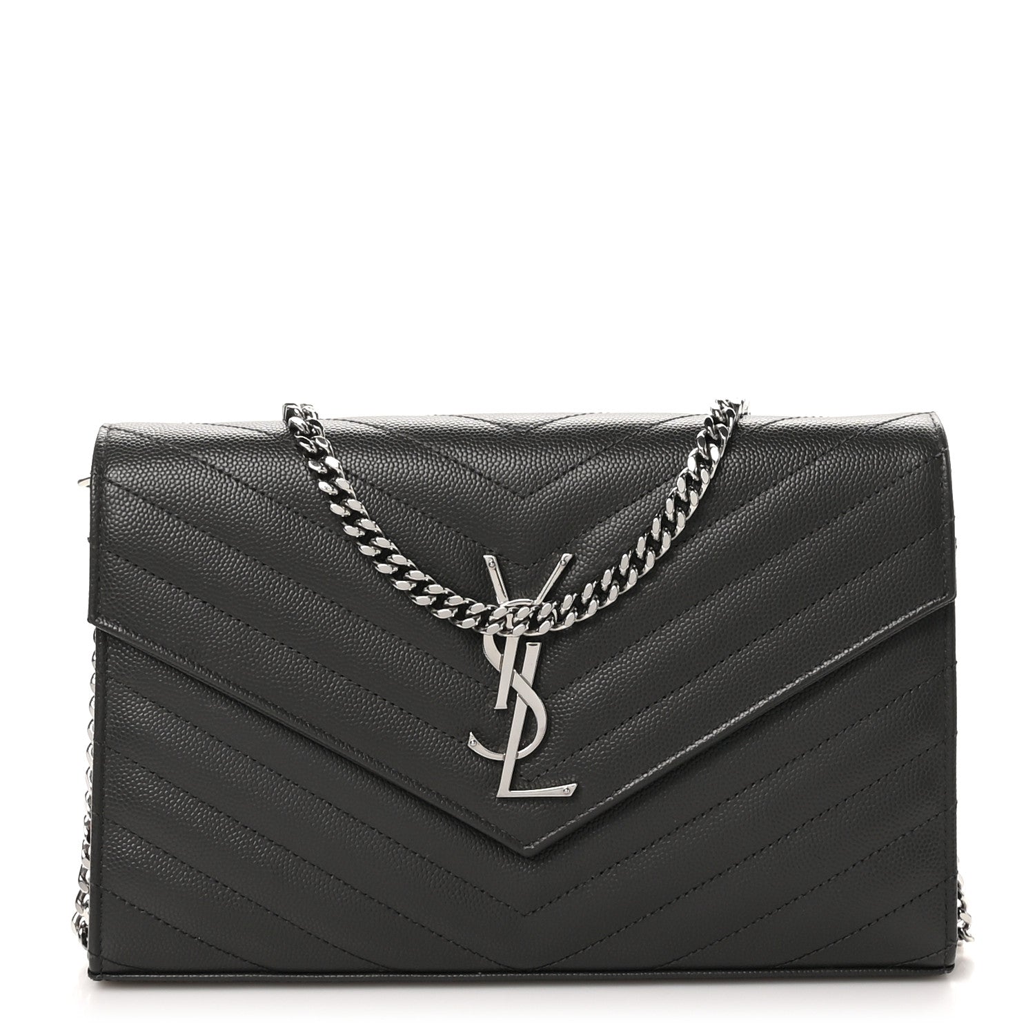 Saint Laurent Grain De Poudre Matelasse Chevron Monogram Chain Wallet Storm 1 of 10