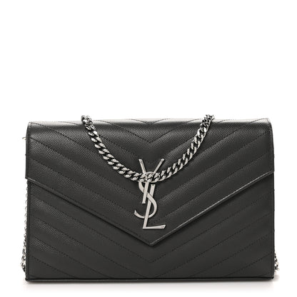 Saint Laurent Grain De Poudre Matelasse Chevron Monogram Chain Wallet Storm 1 of 10