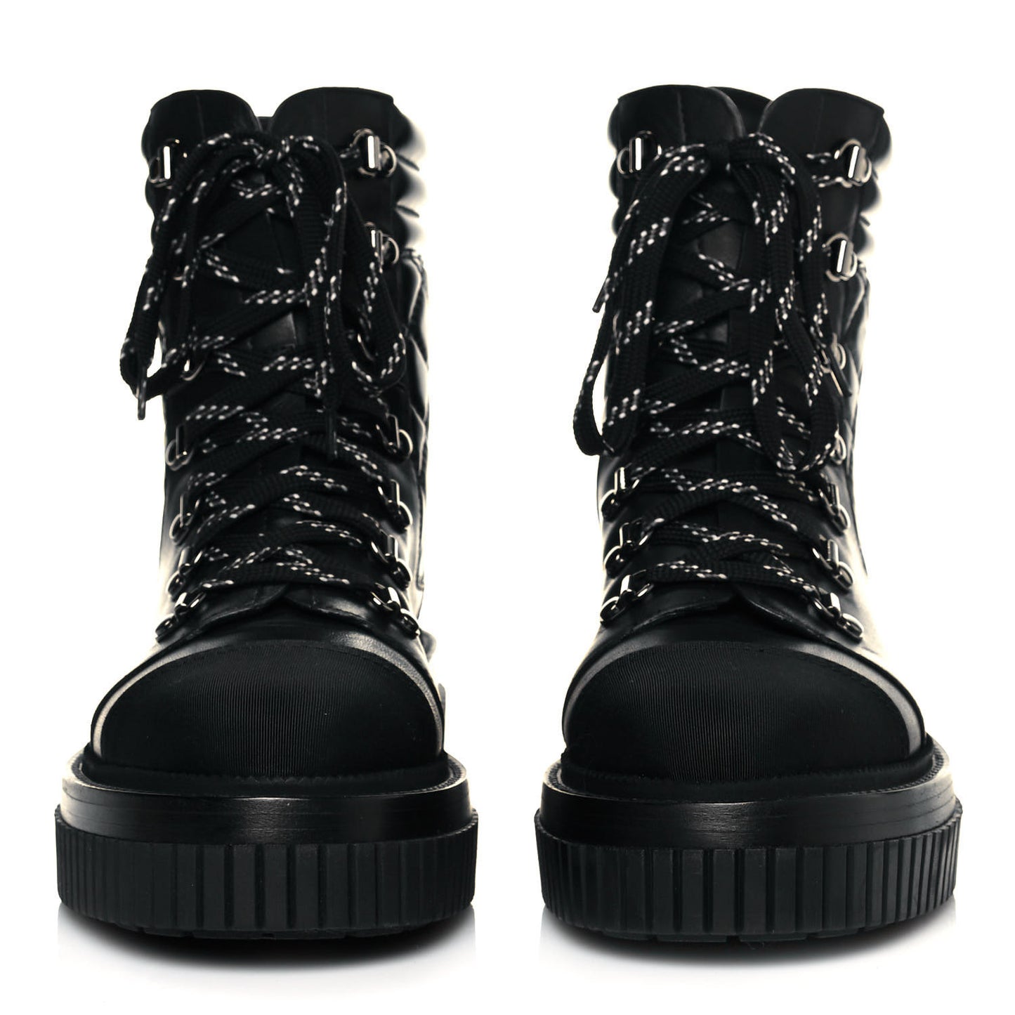 Calfskin Grosgrain Quilted Lace Up Boots 38.5 Black Grey