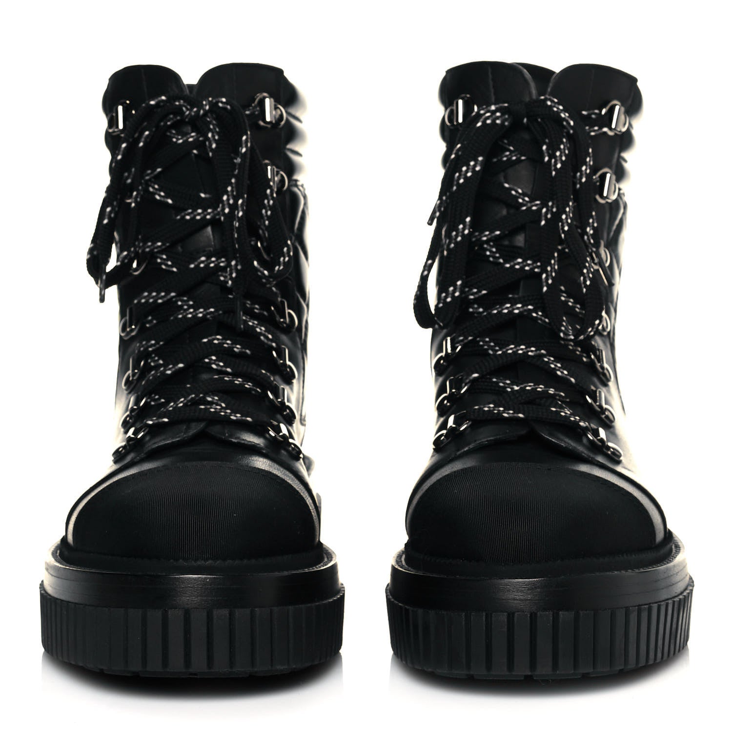 Chanel Calfskin Grosgrain Quilted Lace Up Boots 38.5 Black Grey 2 of 7