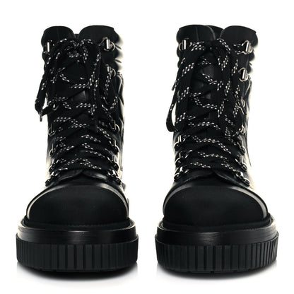 Chanel Calfskin Grosgrain Quilted Lace Up Boots 38.5 Black Grey 2 of 7