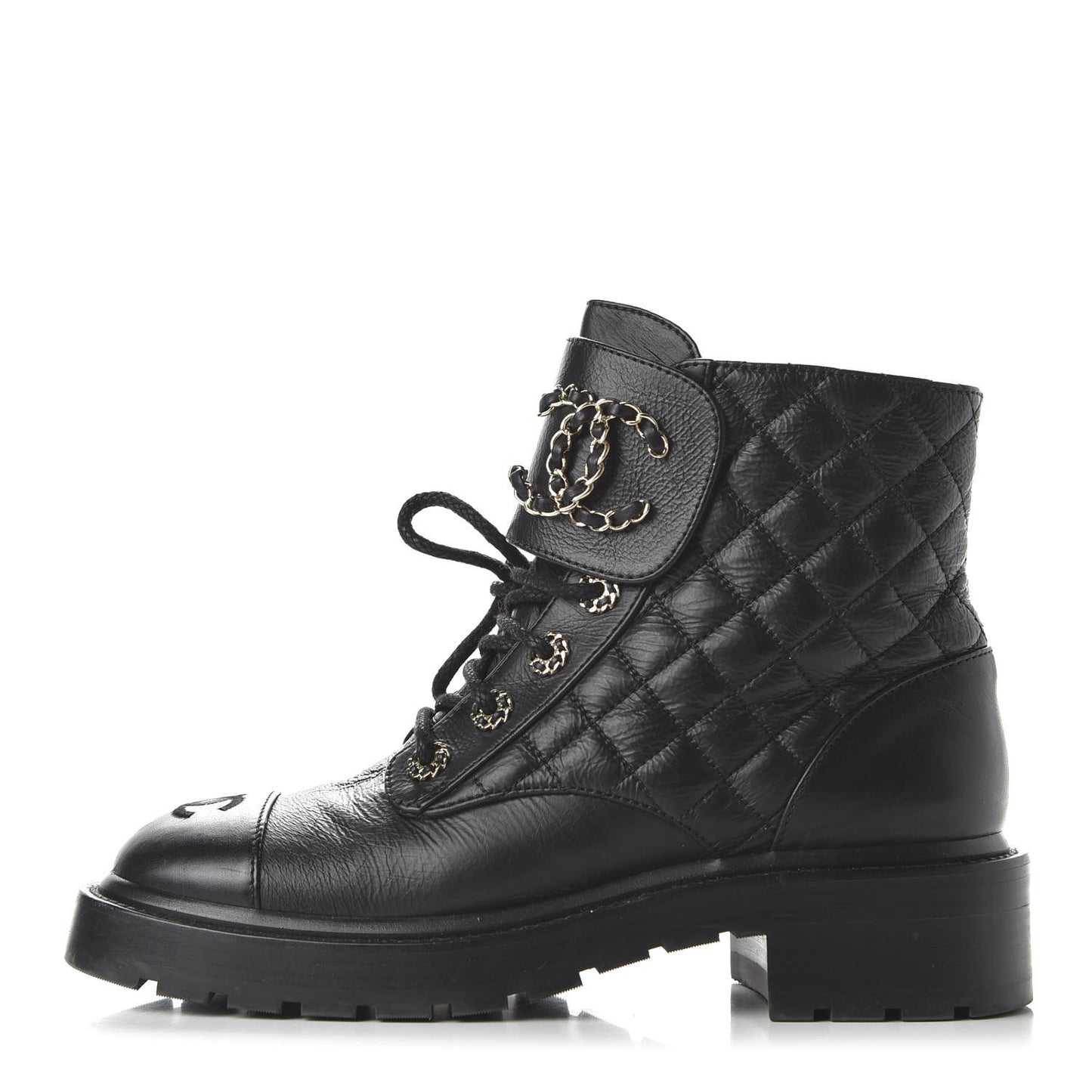 Shiny Goatskin Calfskin Quilted Lace Up Combat Boots 38 Black
