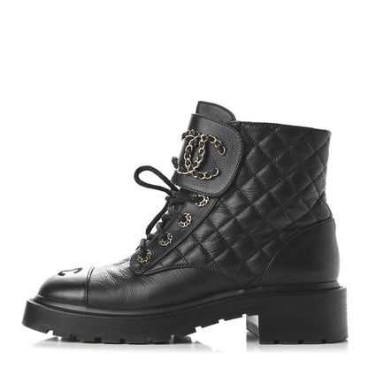 Chanel Shiny Goatskin Calfskin Quilted Lace Up Combat Boots 38 Black 1 of 9