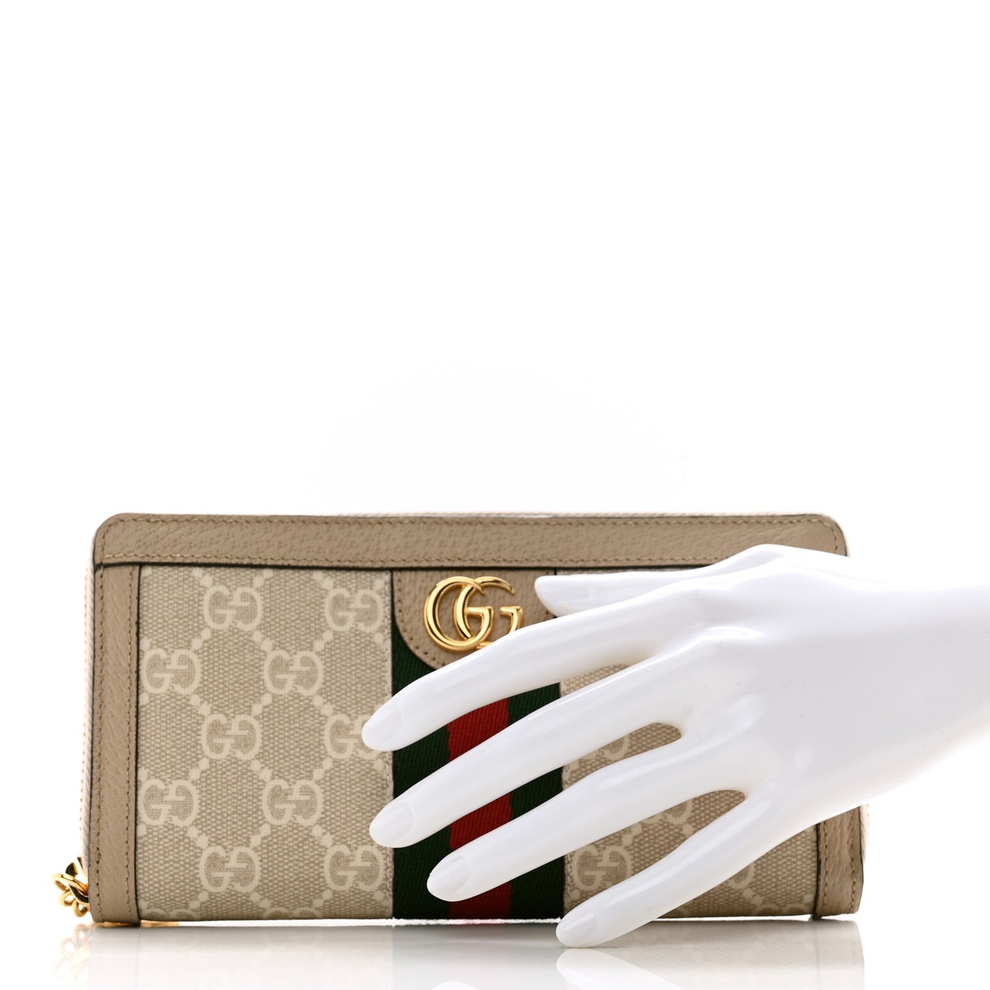 GG Supreme Monogram Textured Dollar Calfskin Web Ophidia Zip Around Wallet Beige Mystic White Oatmeal