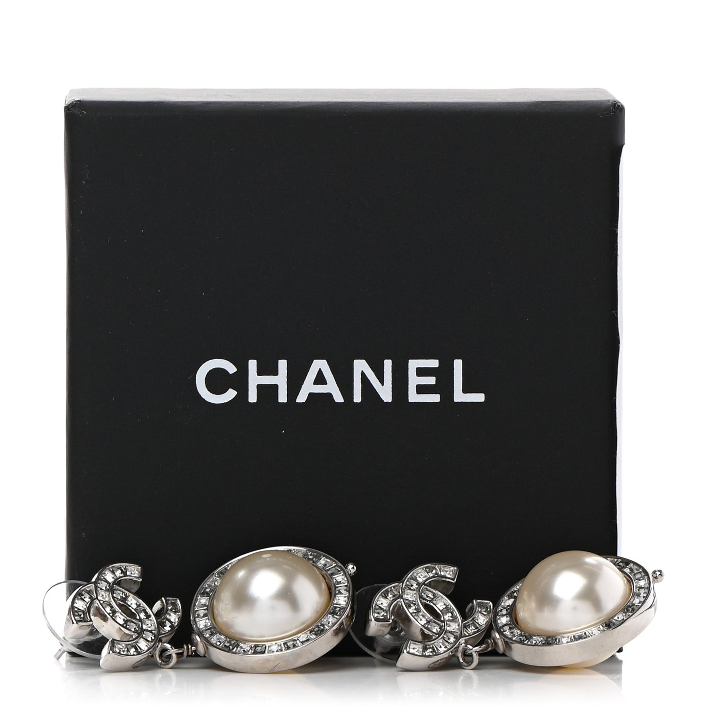 Baguette Crystal CC Pearl Drop Art Decoco Earrings Silver