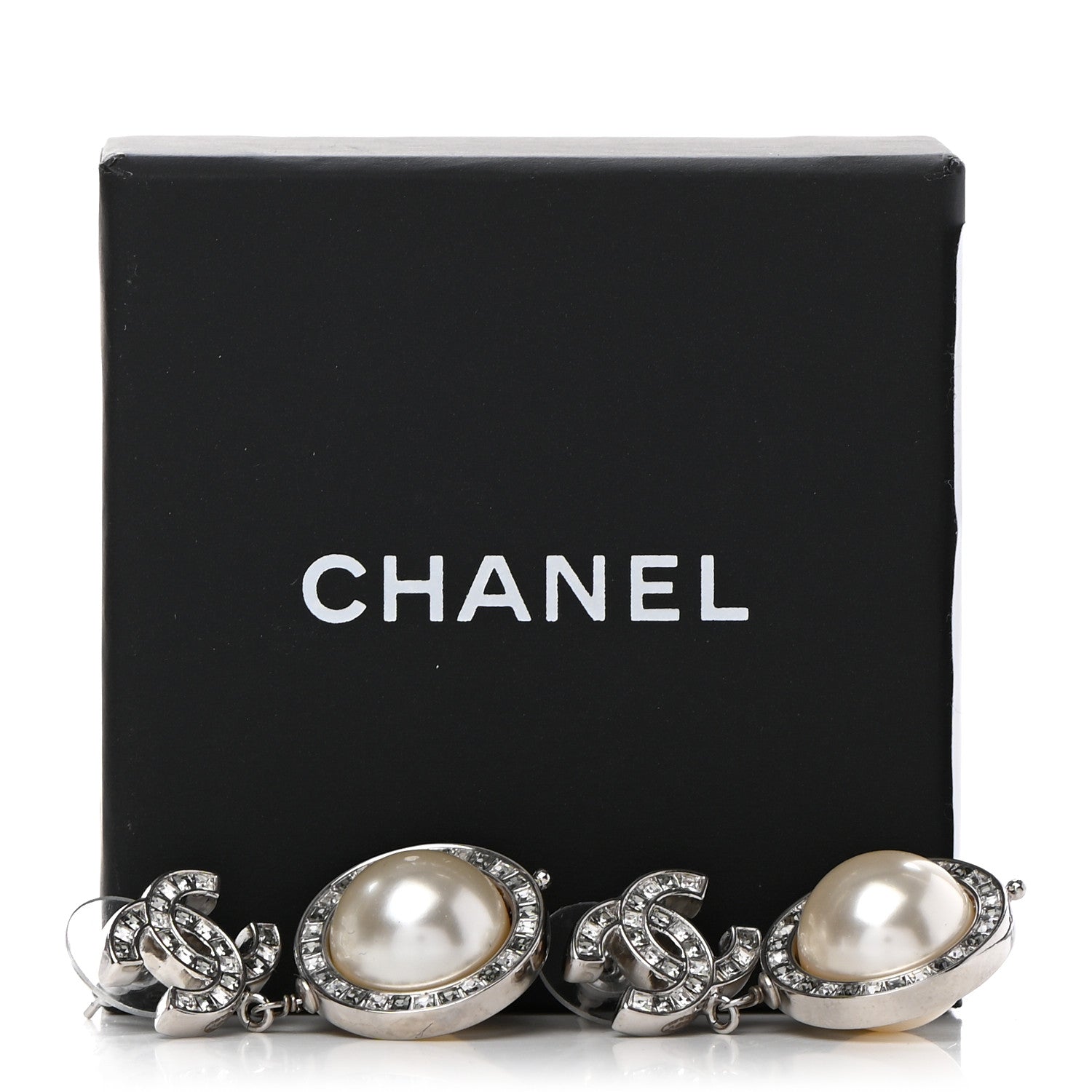 Chanel Baguette Crystal CC Pearl Drop Art Decoco Earrings Silver 5 of 5