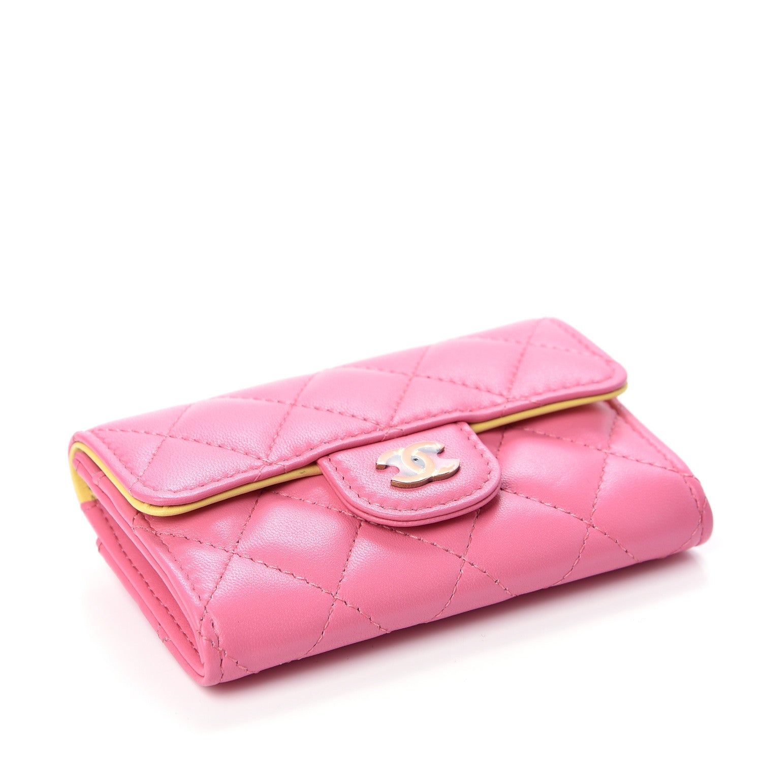 Chanel Lambskin Quilted Flap Card Holder Wallet Pink Yellow 4 of 9