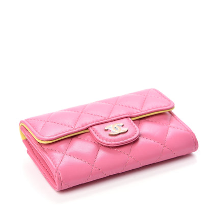 Chanel Lambskin Quilted Flap Card Holder Wallet Pink Yellow 4 of 9