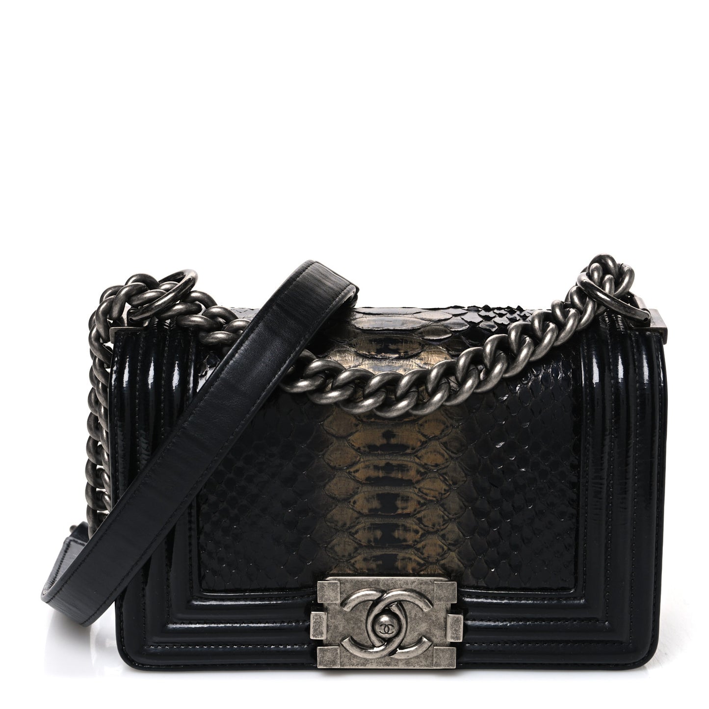 Patent Calfskin Snakeskin Small Boy Flap Black Silver