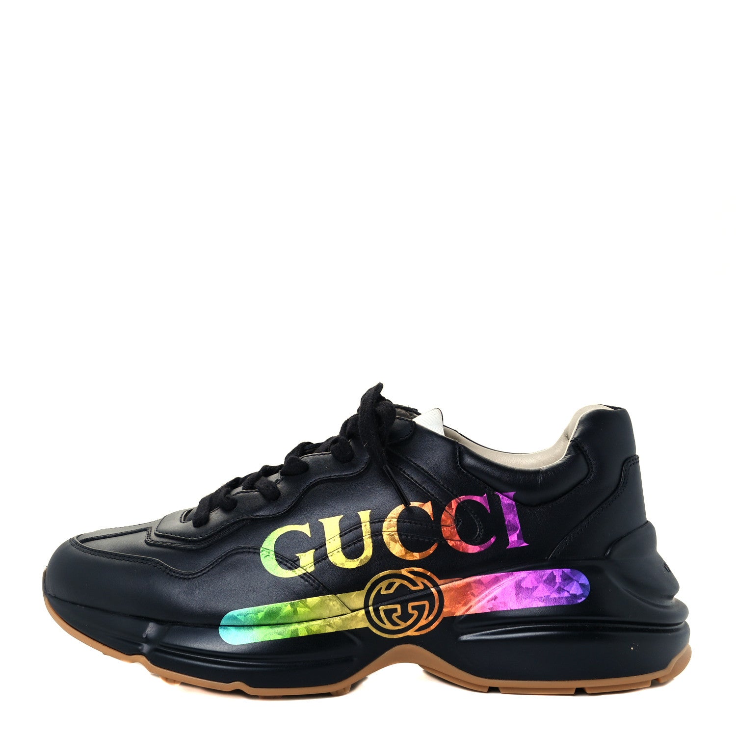 Gucci Calfskin Iridescent Logo Mens Rhyton Sneakers 7.5 Black 1 of 10