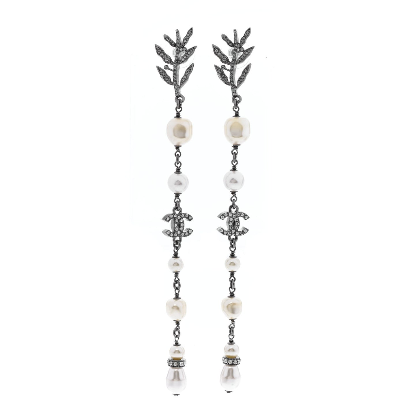Glass Pearl CC Leaf Long Drop Earrings Silver
