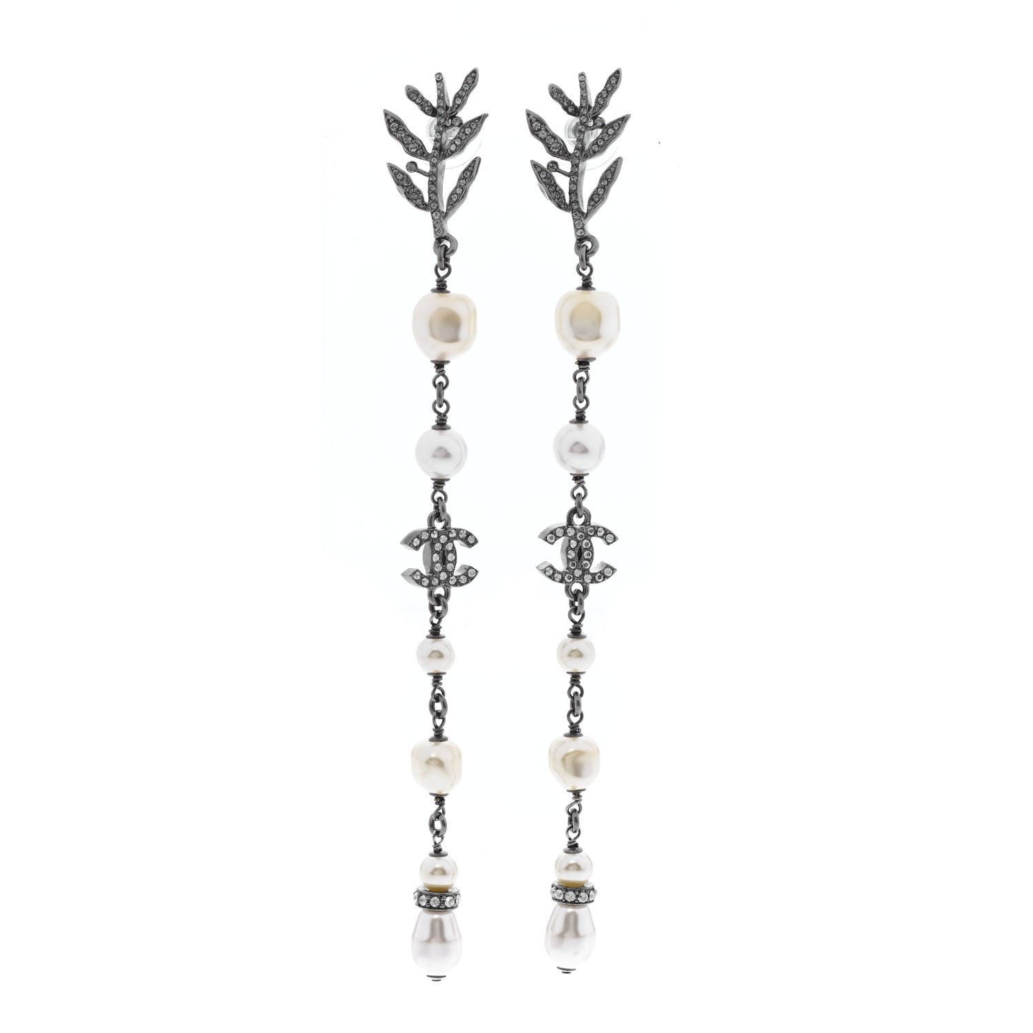 Chanel Glass Pearl CC Leaf Long Drop Earrings Silver 1 of 4