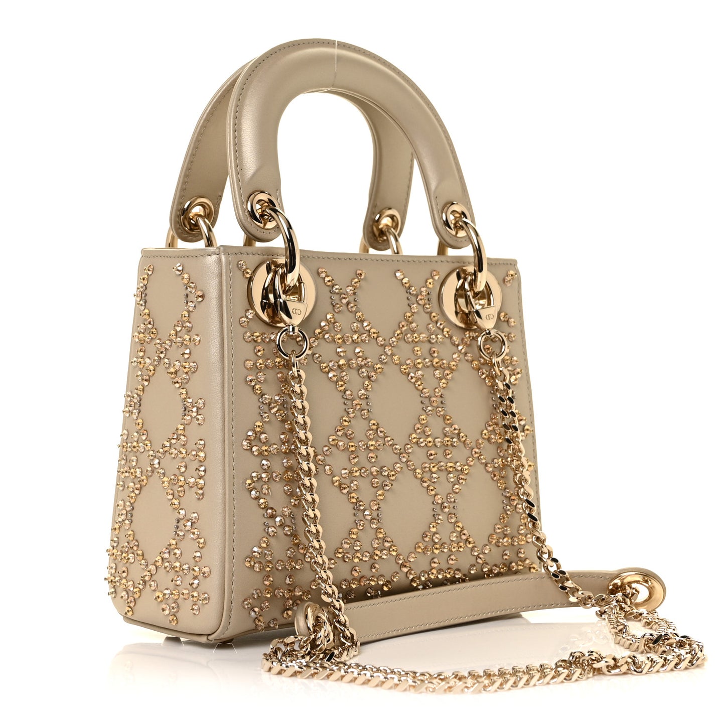 Metallic Lambskin Crystal Cannage Mini Lady Dior Platinum