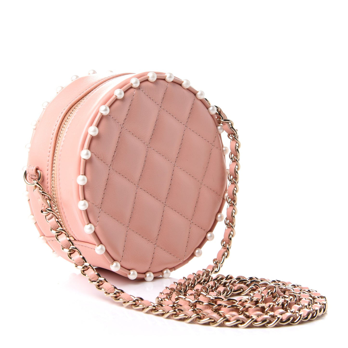 Calfskin Quilted Pearl Round Clutch With Chain Pink