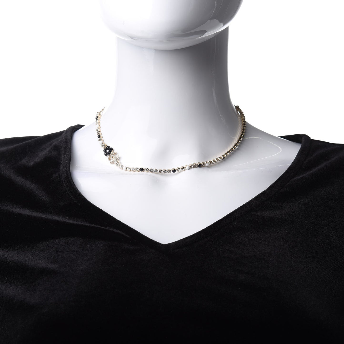 Crystal Pearl Glass Beaded CC Short Necklace Gold White Black