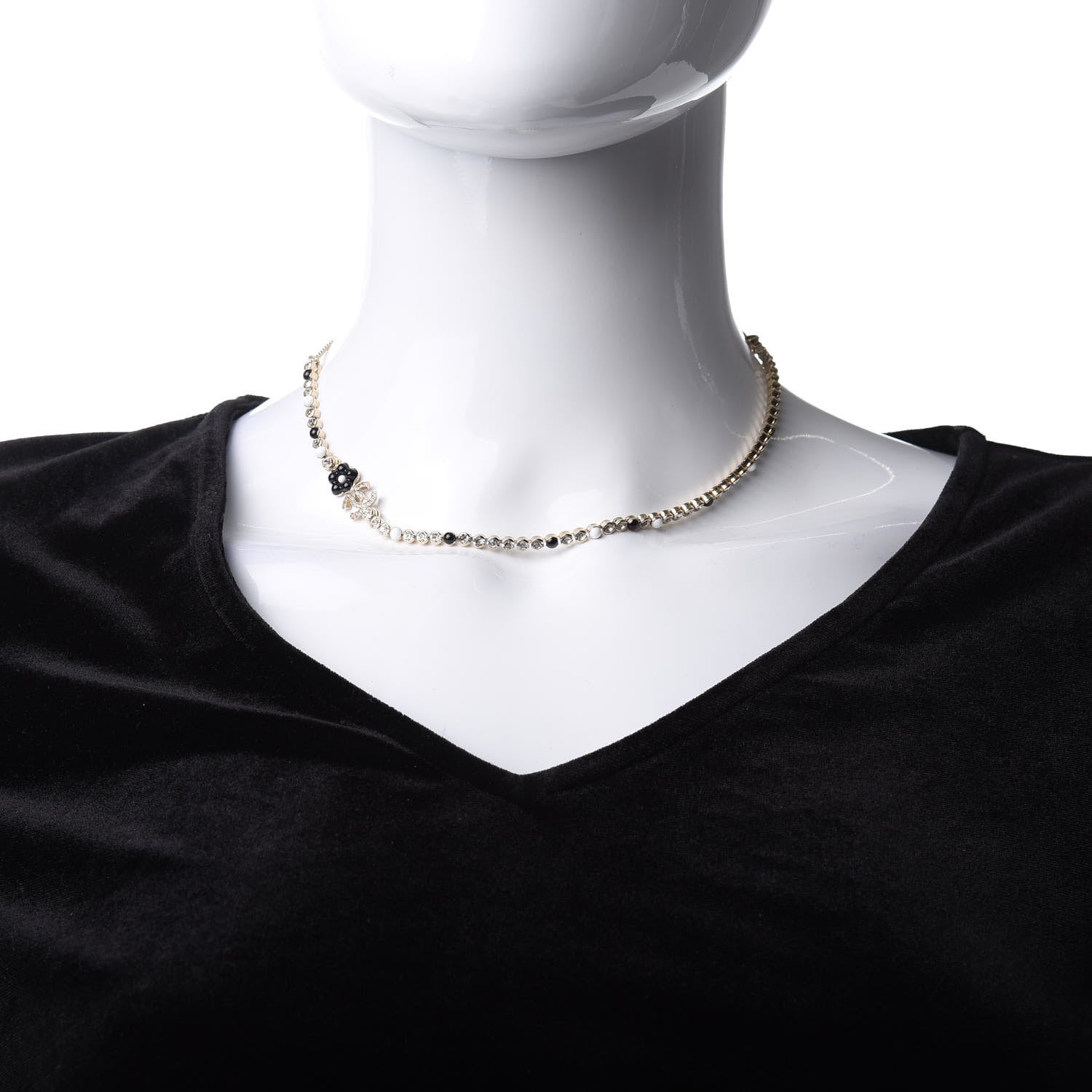 Chanel Crystal Pearl Glass Beaded CC Short Necklace Gold White Black 2 of 5