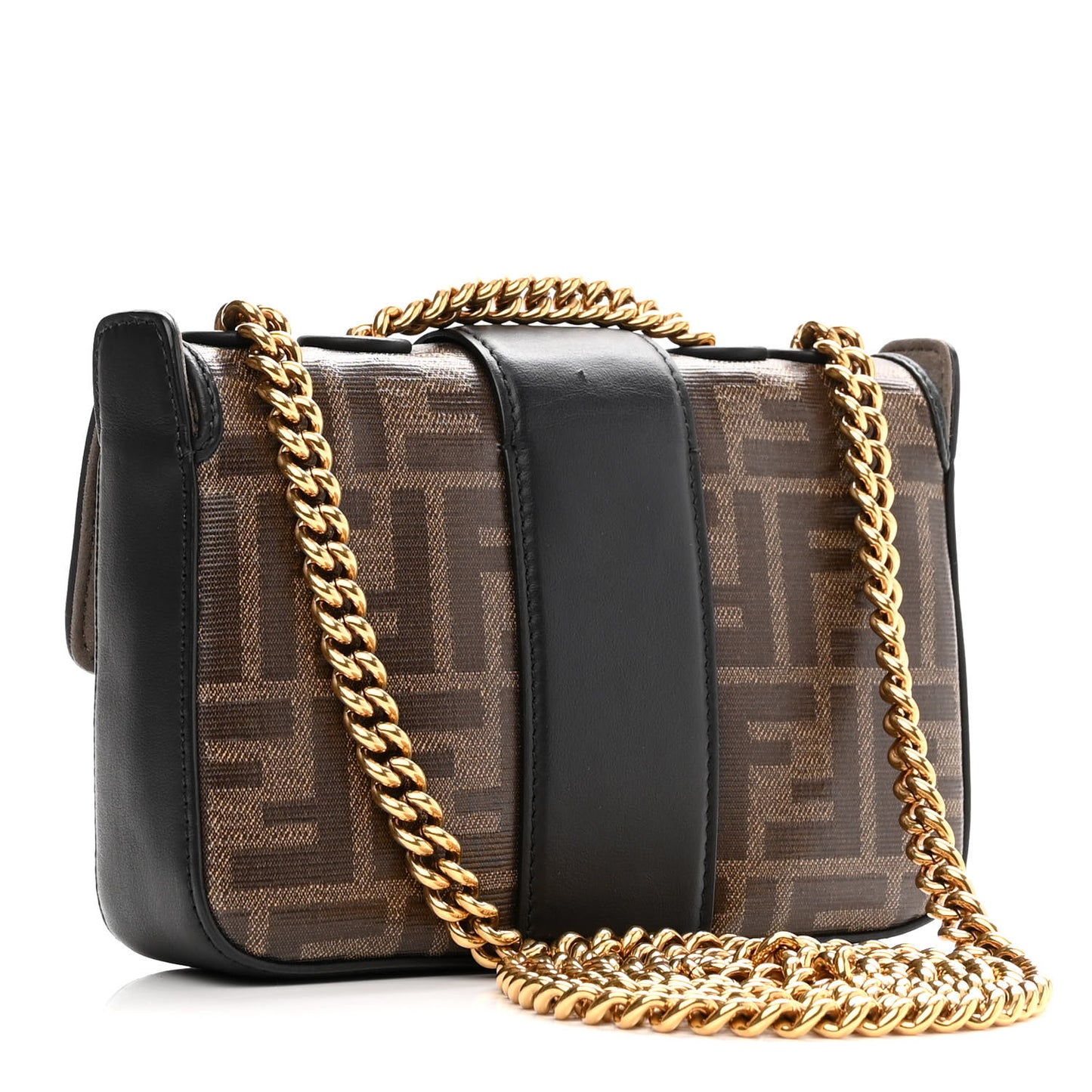 Glazed Fabric Vitello Century FF 1974 Stamp Patch Mini Double F Crossbody Bag Mogano Panna Black