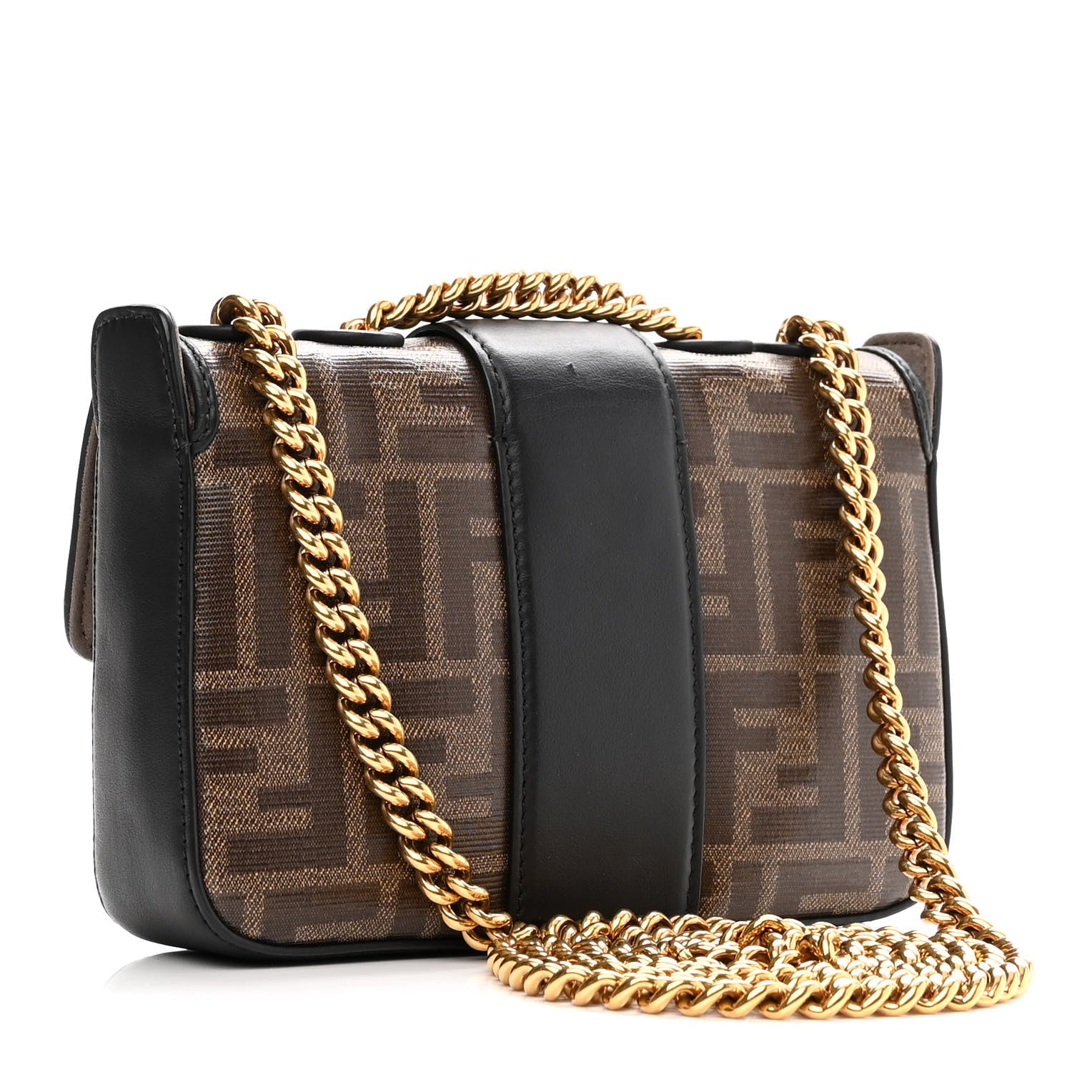 Fendi Glazed Fabric Vitello Century FF 1974 Stamp Patch Mini Double F Crossbody Bag Mogano Panna Black 3 of 10