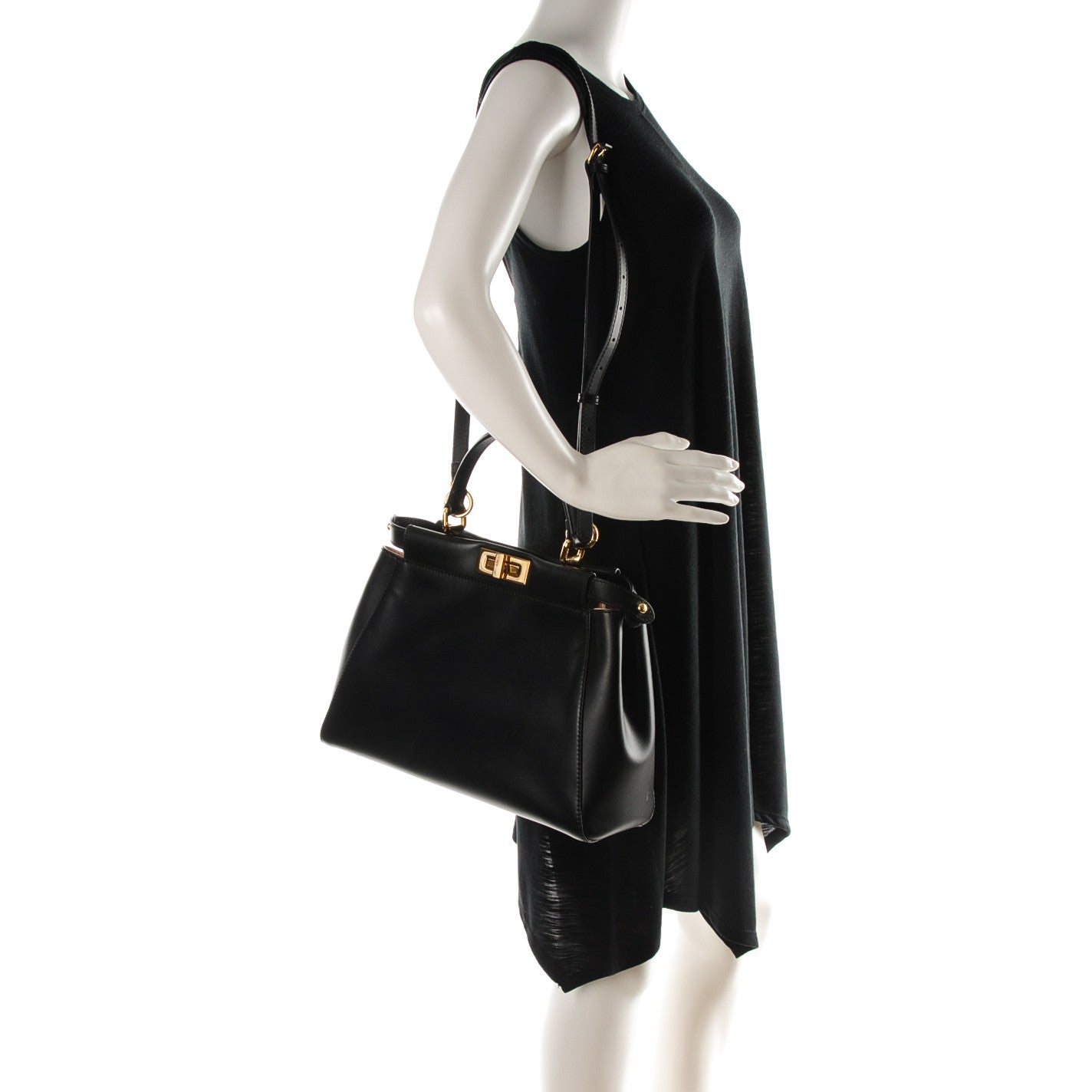 Fendi Vitello Morgan Shiny Nappa Medium Peekaboo Iconic Satchel Black Rosa Plaster 2 of 8